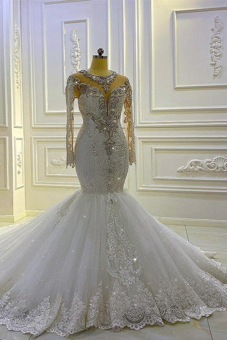 Elegant Long-Sleeve Pearl Sequin Bateau Mermaid Bridal Gown with Lace Beading - Wedding Dress