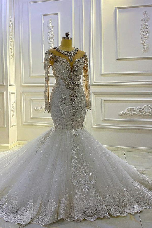Elegant Long-Sleeve Pearl Sequin Bateau Mermaid Bridal Gown with Lace Beading - Wedding Dress
