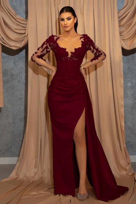 Elegant Long-Sleeve V-Neck Prom Dress with Beads Lace Appliques Ruffles Evening Dress - Prom Dresses