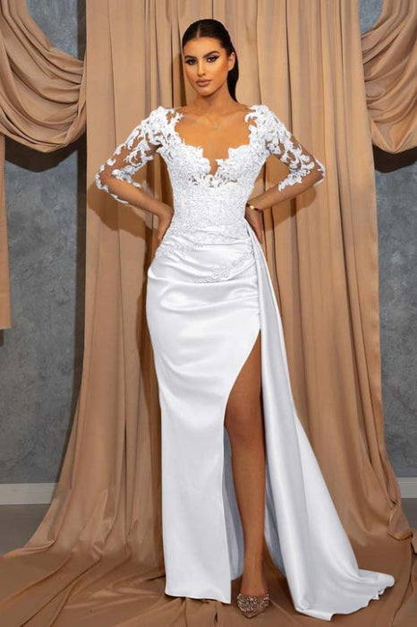 Elegant Long-Sleeve V-Neck Prom Dress with Beads Lace Appliques Ruffles Evening Dress - Prom Dresses