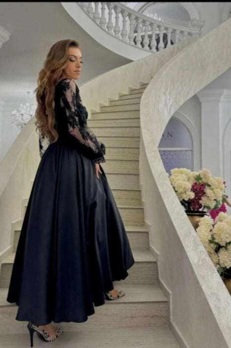 Elegant Long Sleeves Black Evening Dress Ankle Length Special Occasion Dress