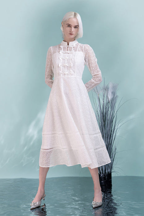 Elegant Long Sleeves Boho Formal Dress Daily Wear High Neck Tea Length Casual Dress - Dresses