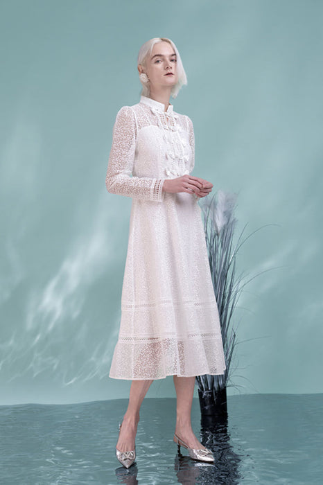 Elegant Long Sleeves Boho Formal Dress Daily Wear High Neck Tea Length Casual Dress - Dresses
