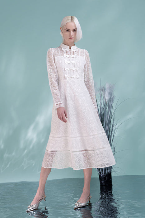 Elegant Long Sleeves Boho Formal Dress Daily Wear High Neck Tea Length Casual Dress - White / S - Dresses