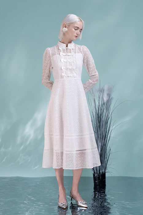 Elegant Long Sleeves Boho Formal Dress Daily Wear High Neck Tea Length Casual Dress - Dresses