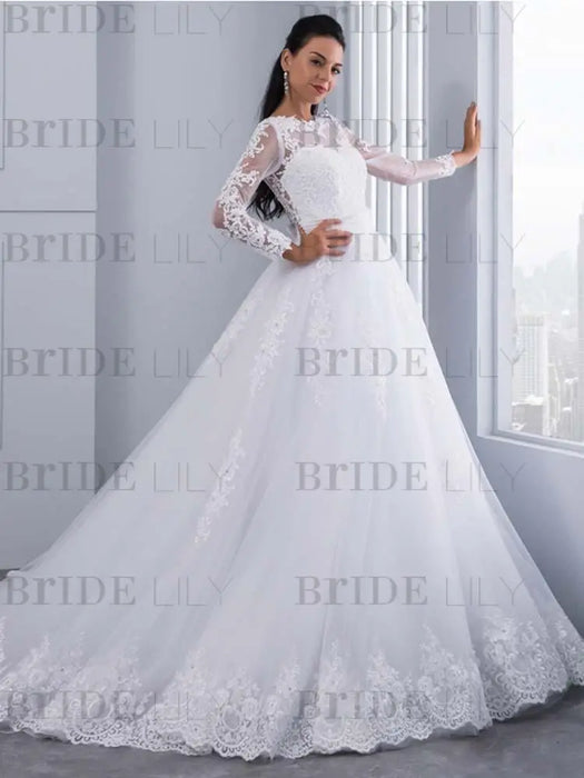 Elegant Long Sleeves Lace Appliques Ball Gown Wedding Dresses - wedding dresses