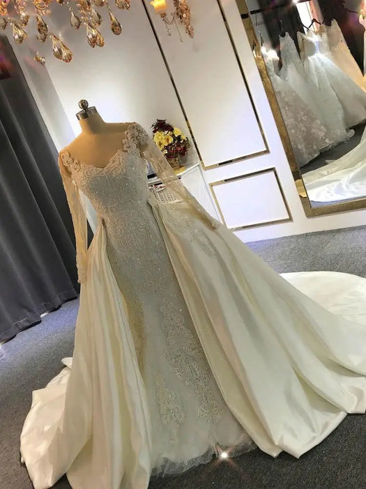 Elegant Long Sleeves Lace Mermaid Wedding Dresses with Detachable Train - Ivory / Long train - wedding dresses