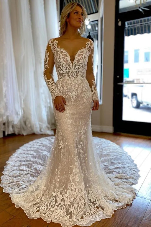 Elegant Long Sleeves Mermaid Wedding Dress V-Neck Lace Bridal Dress