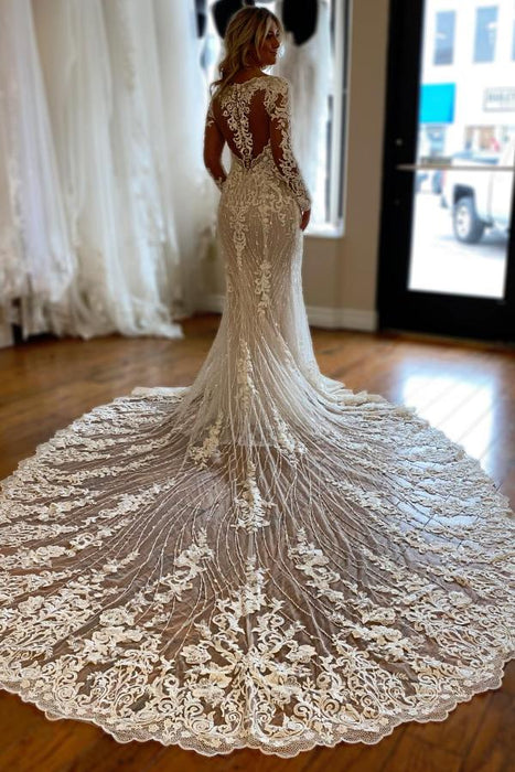 Elegant Long Sleeves Mermaid Wedding Dress V-Neck Lace Bridal Dress