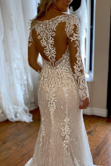 Elegant Long Sleeves Mermaid Wedding Dress V-Neck Lace Bridal Dress