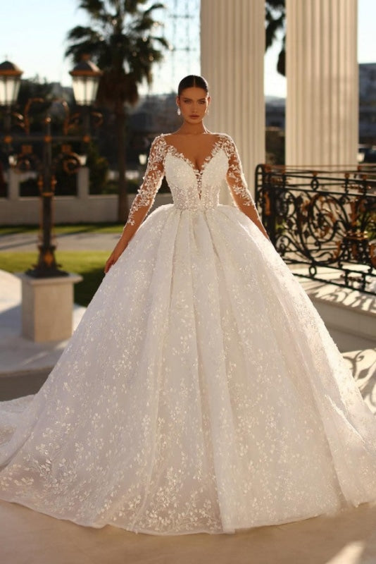 Elegant Long Sleeves Sweetheart Ball Gown Wedding Dress with Sweep Train - wedding dress