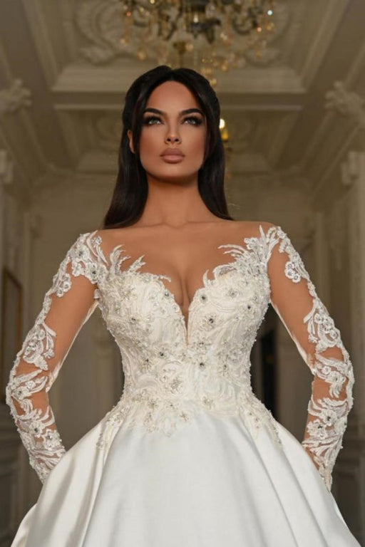 Elegant Long Sleeves V-Neck Appliques Lace A-Line Ruched Satin Wedding Dress with Chapel Train