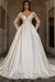 Elegant Long Sleeves V-Neck Appliques Lace A-Line Ruched Satin Wedding Dress with Chapel Train