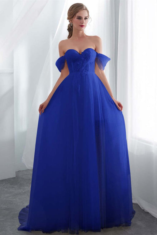 Elegant Long Tulle Wedding Dress with Off-the-Shoulder Design