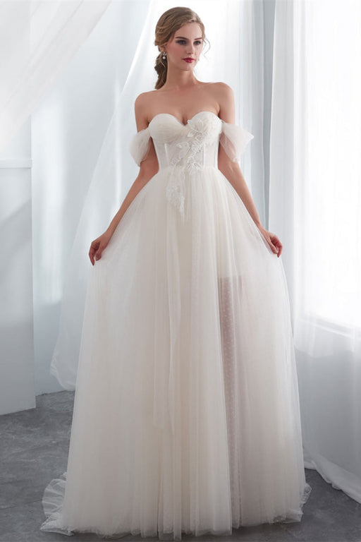Elegant Long Tulle Wedding Dress with Off-the-Shoulder Design - Wedding Dresses