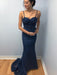 Elegant Mermaid Backless Lace Beaded Navy Blue Prom Dresses, Mermaid Backless Navy Blue Lace Formal Dresses, Mermaid Navy Blue Lace Evening Dresses