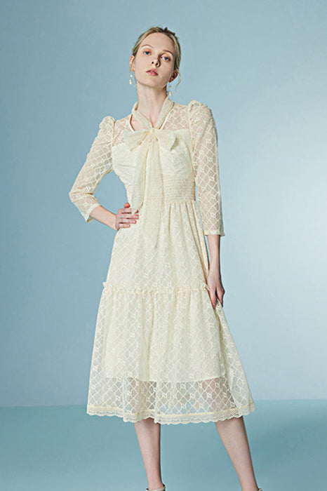 Elegant Mid-Length Summer Lace Dress Sheer Patchwork Tea Length Dress - Dresses