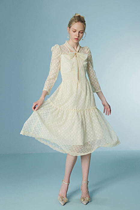 Elegant Mid-Length Summer Lace Dress Sheer Patchwork Tea Length Dress - ivory / S - Dresses