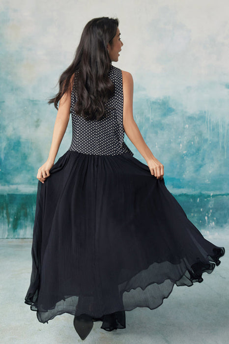 Elegant Navy Aline Formal Dress Sleeveless Polka Dot Daily Wear Dress - Dresses