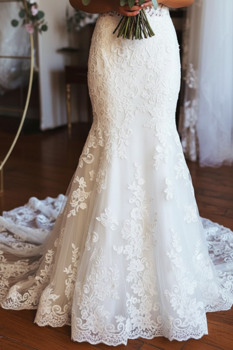 Elegant Off Shoulder Mermaid White Lace Long Wedding Dresses
