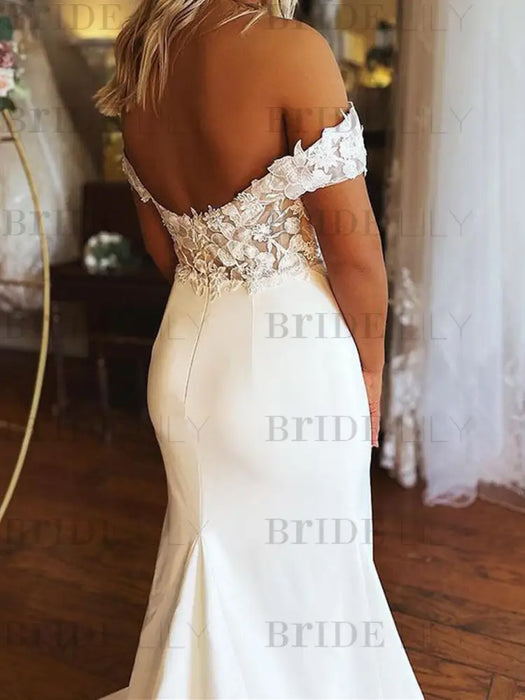 Off Shoulder Mermaid White Lace Long Wedding Dresses-Bridelily Off Shoulder Mermaid White Lace Long Wedding Dresses-Bridelily