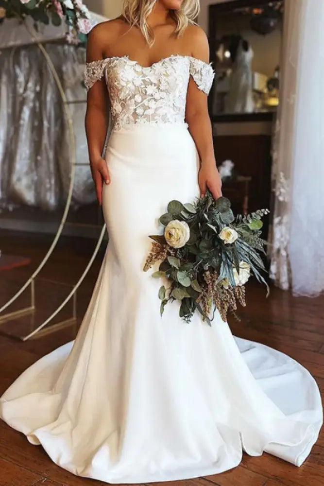 Off Shoulder Mermaid White Lace Long Wedding Dresses-Bridelily Off Shoulder Mermaid White Lace Long Wedding Dresses-Bridelily