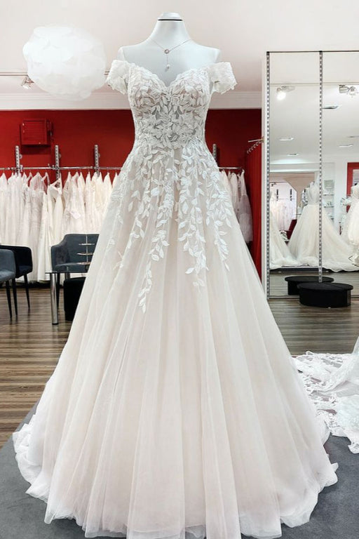 Elegant Off-the-shoulder A-line Wedding Dress Featuring Ruffles and Tulle Lace - Wedding Dresses