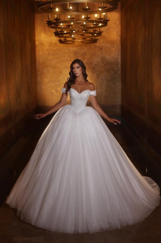 Off Shoulder Lace Applique Jumpsuit Wedding Dress with Long Sleeves