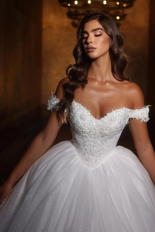 Tulle A Line Appliques Ivory Off The Shoulder Wedding Dress main image 1