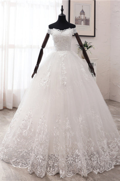Elegant Off-the-shoulder Long Tulle Wedding Ball Gown Featuring Lace Appliques - Wedding Dresses
