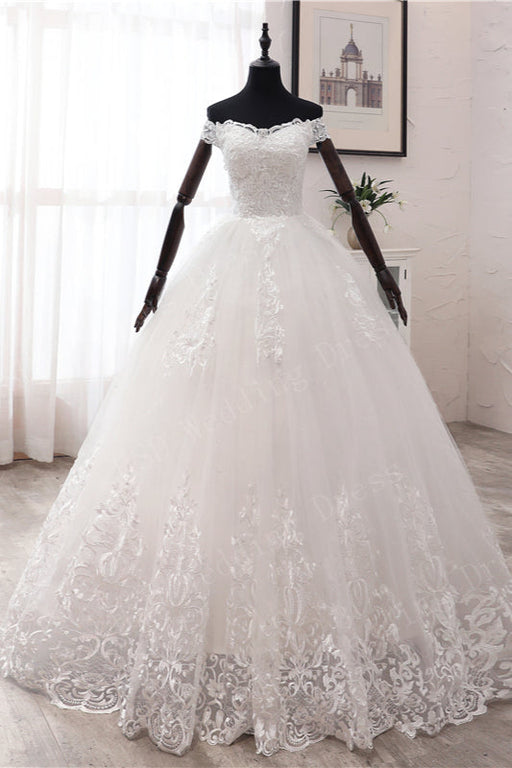 Elegant Off-the-shoulder Long Tulle Wedding Ball Gown Featuring Lace Appliques - Wedding Dresses