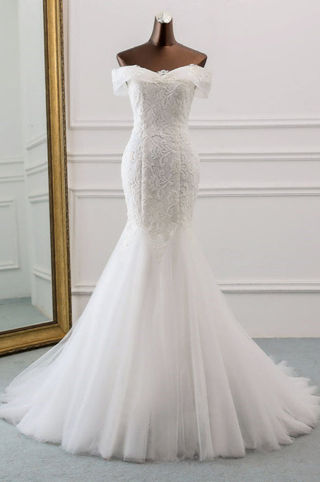 Elegant Off-The-Shoulder Mermaid Wedding Gown Featuring Tulle Lace - Wedding Dresses