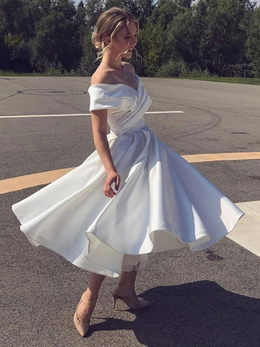 Elegant Off the Shoulder Tea Length White Satin Wedding Dress Bridelily Elegant Off the Shoulder Tea Length White Satin Wedding Dress Bridelily