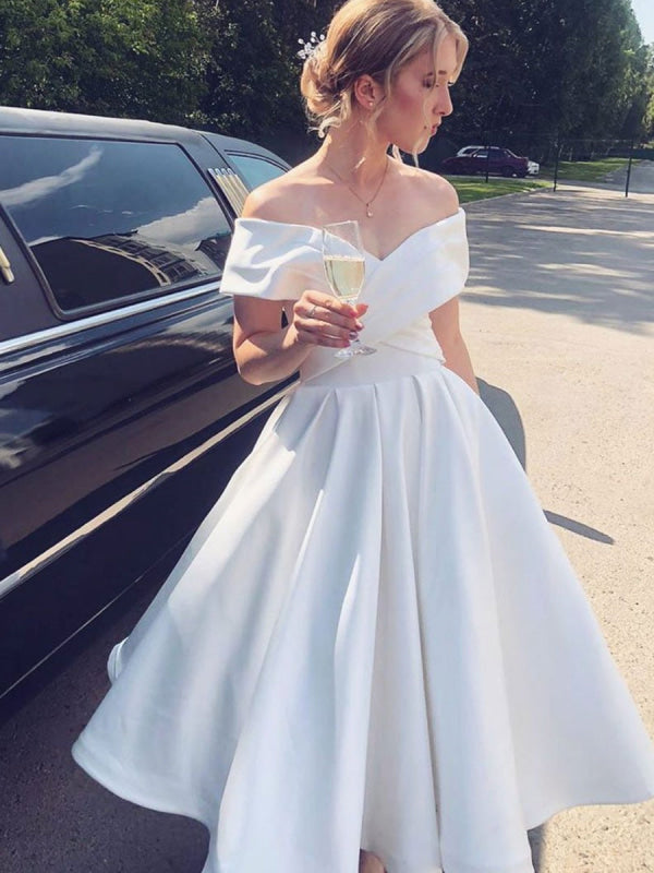 off the shoulder tea length wedding dress A-Line Satin White Introducing our exquisite A Modern Minimalist Off-the-Shoulder Midi Summer