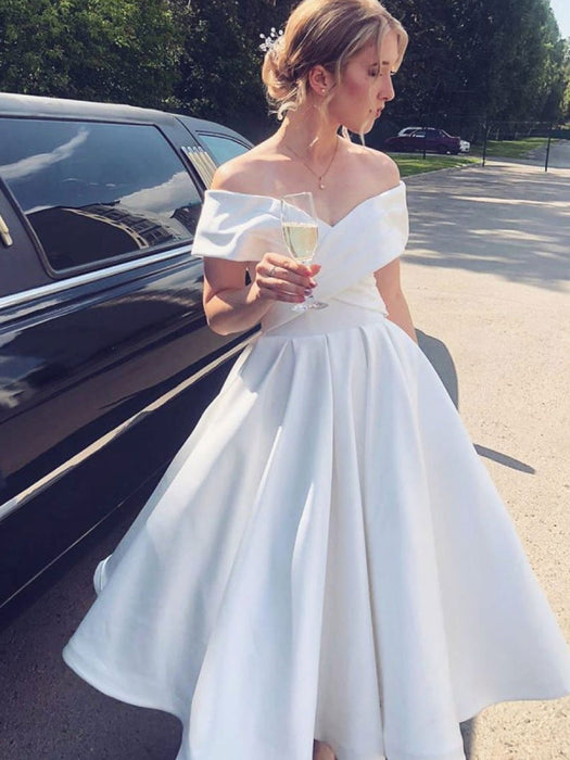 Elegant Off the Shoulder Tea Length White Satin Wedding Dress Bridelily Elegant Off the Shoulder Tea Length White Satin Wedding Dress Bridelily