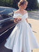 Elegant Off the Shoulder Tea Length White Satin Prom Dresses, Off Shoulder White Formal Graduation Homecoming Dresses