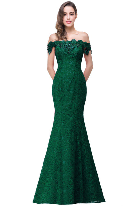 Elegant Off-the-Shoulder Trumpet Bridesmaid Dress Lace Long Evening Dress - Dark Green / US 4 - Prom Dresses