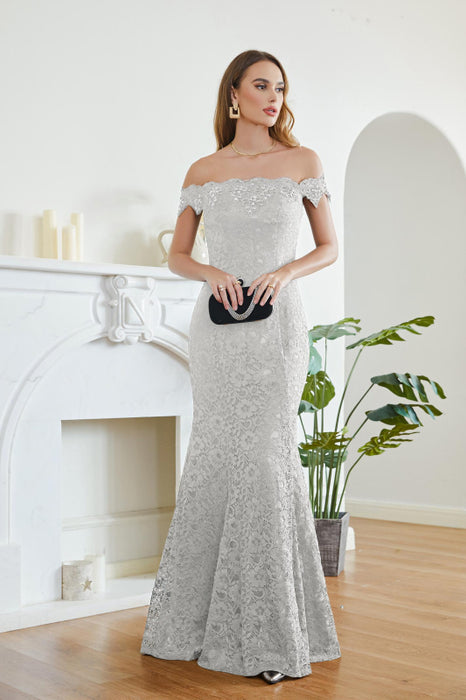 Elegant Off-the-Shoulder Trumpet Bridesmaid Dress Lace Long Evening Dress - Silver / US 4 - Prom Dresses