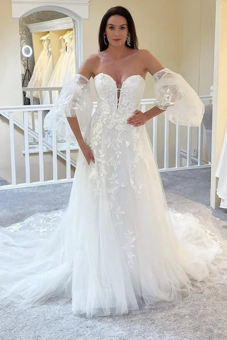 Elegant Off-the-Shoulder Tulle Aline Wedding Dress with Sleeves