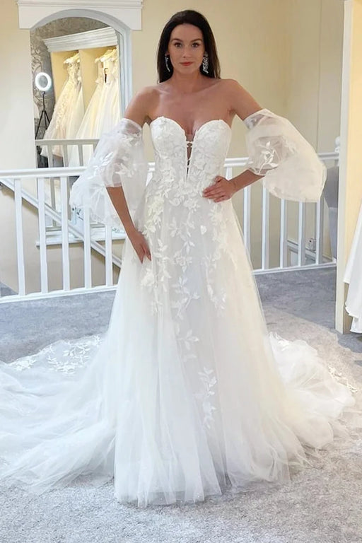 Elegant Off-the-Shoulder Tulle Aline Wedding Dress with Sleeves