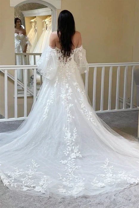 Elegant Off-the-Shoulder Tulle Aline Wedding Dress with Sleeves