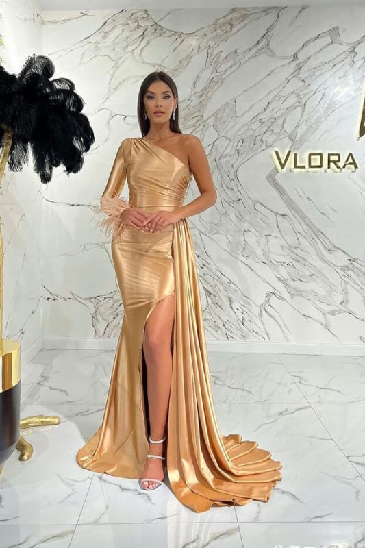 Designer Long Mermaid One Shoulder Long Sleeve Lace Prom Dress with Slit main image 0