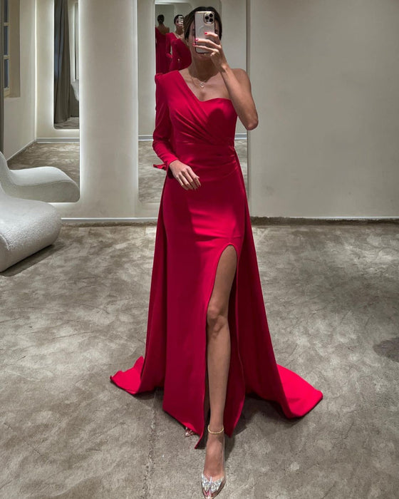 Elegant Red One-Shoulder Prom Dress with Front Split Court Mermaid Sty Bridelily Elegant Red One-Shoulder Prom Dress with Front Split Court Mermaid Sty Bridelily