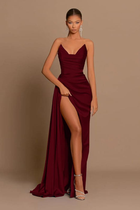 Elegant Royal Blue Long Evening Dress with Pleated Charmeuse and Slit