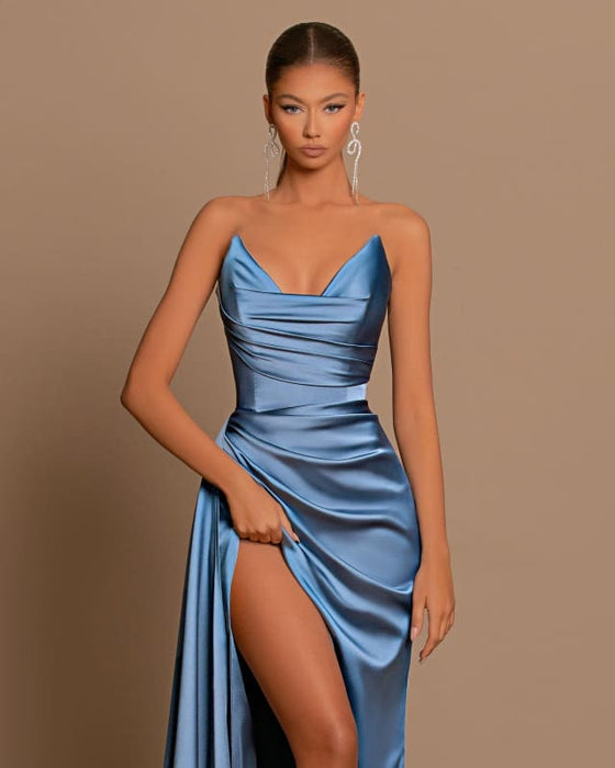 Elegant Royal Blue Long Evening Dress with Pleated Charmeuse and Slit