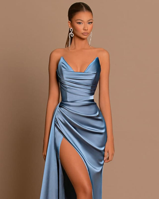 Elegant Royal Blue Long Evening Dress with Pleated Charmeuse and Slit