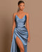 Elegant Royal Blue Long Evening Dress with Pleated Charmeuse and Slit