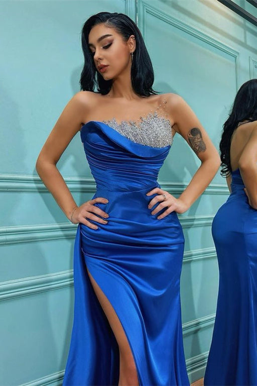 Elegant Royal Blue Strapless Sleeveless Mermaid Evening Dress With Beadings