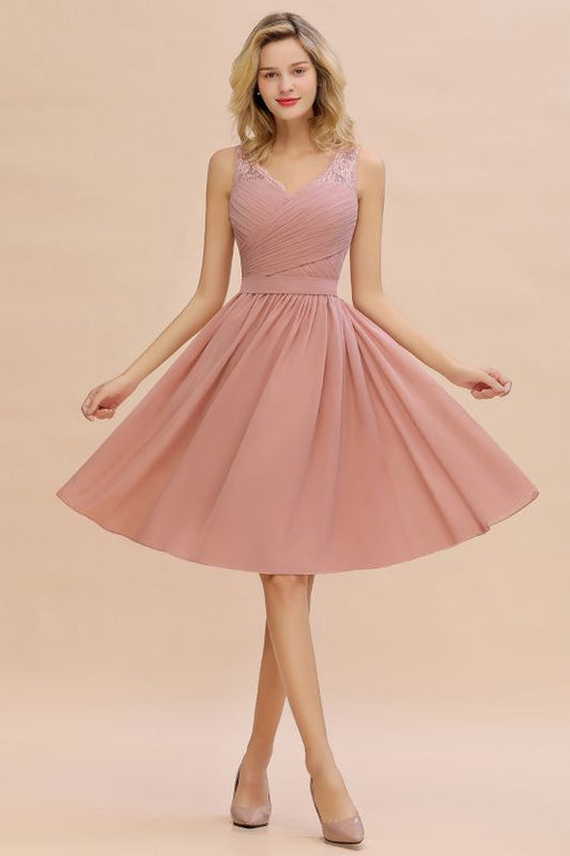 Elegant Ruffle Chiffon Short Bridesmaid Dress Sleeveless V-Neck Aline Knee Length Homecoming Dress - Dusty Pink / US 2 - Prom Dresses