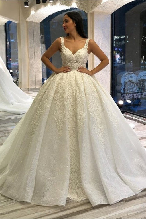 Elegant Sequined Sweetheart Wedding Dress Backless Lace Ball Gown with Appliques